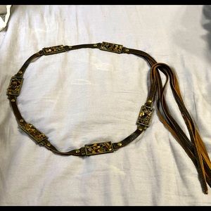 Leather and fringe tie belt with Stone Accents